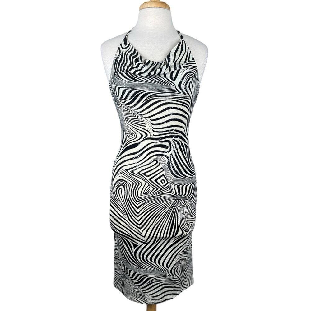 Vintage Swirl Stripe Bodycon Halter Dress Womens Medium Black White Retro Op Art